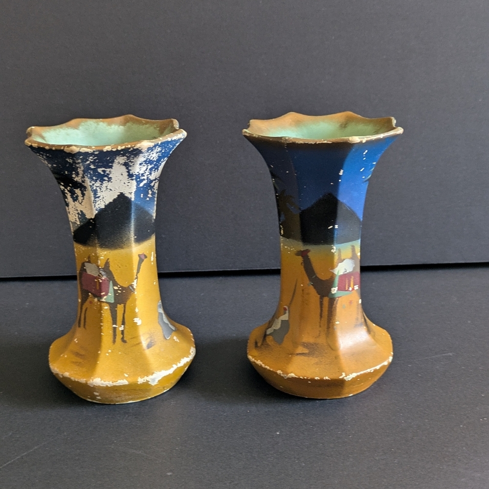 2 Antique Art Deco Vases Brentleigh Ware Ledo Hand Painted Desert Camels Pyramid
